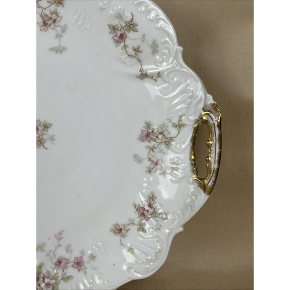 Antique Elite Works Limoges France Pink Green Floral Serving Plate Golden Hdls - Picture 3 of 15